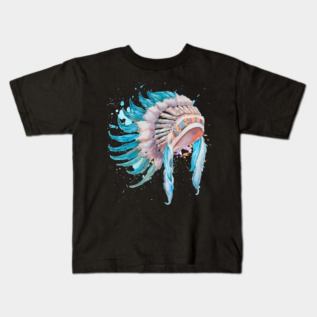 Native American Indian Chief Headdress Watercolor Art Kids T-Shirt by Irene Koh Studio